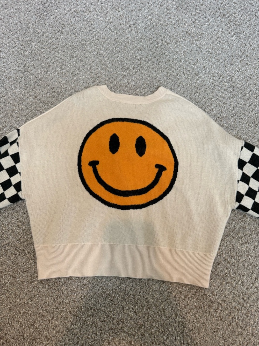 Altar'd State Cream V-Neck Cardigan with Black Checkerboard Sleeves - Picture 3 of 3